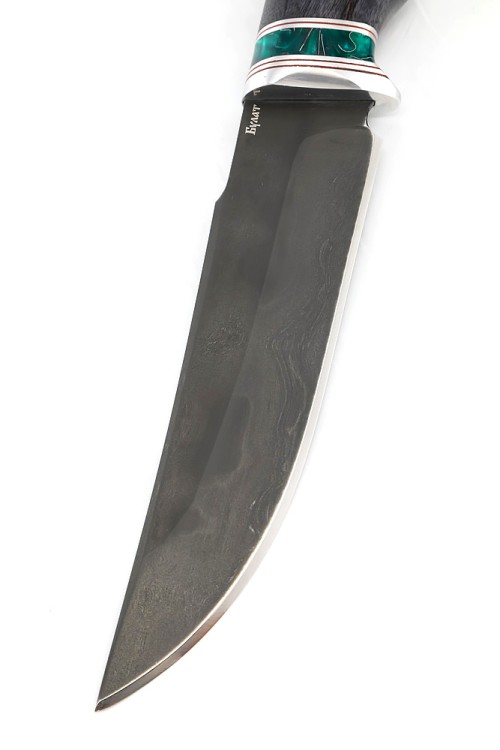 Нож Щучий сталь булат рукоять вставка акрил зеленый, карельская береза фиолетовая 