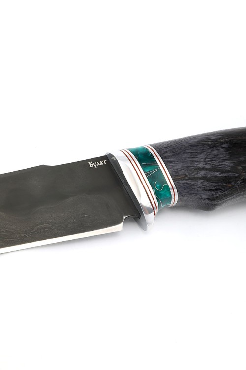 Нож Щучий сталь булат рукоять вставка акрил зеленый, карельская береза фиолетовая 