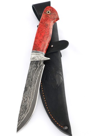 Нож Лось 9ХС ламинированная дамаск с никелем, фигурные долы-камень, рукоять мельхиор, кап клена красный