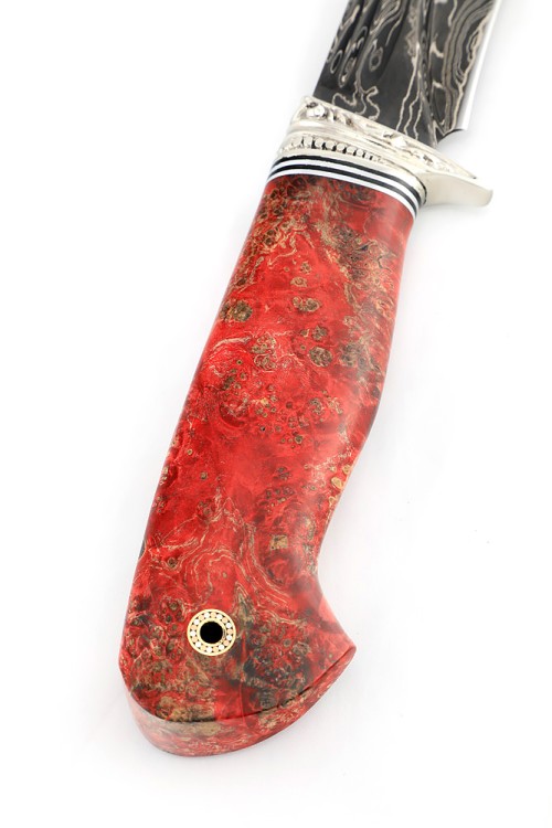 Нож Лось 9ХС ламинированная дамаск с никелем, фигурные долы-камень, рукоять мельхиор, кап клена красный 