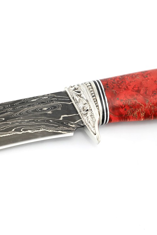Нож Лось 9ХС ламинированная дамаск с никелем, фигурные долы-камень, рукоять мельхиор, кап клена красный 