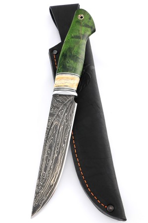 Нож Разделочный 9ХС ламинированная дамаск с никелем, фигурные долы, рукоять вставка зуб мамонта, карельская береза зеленая