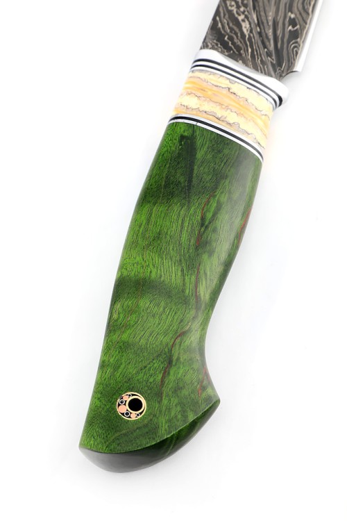 Нож Разделочный 9ХС ламинированная дамаск с никелем, фигурные долы, рукоять вставка зуб мамонта, карельская береза зеленая 