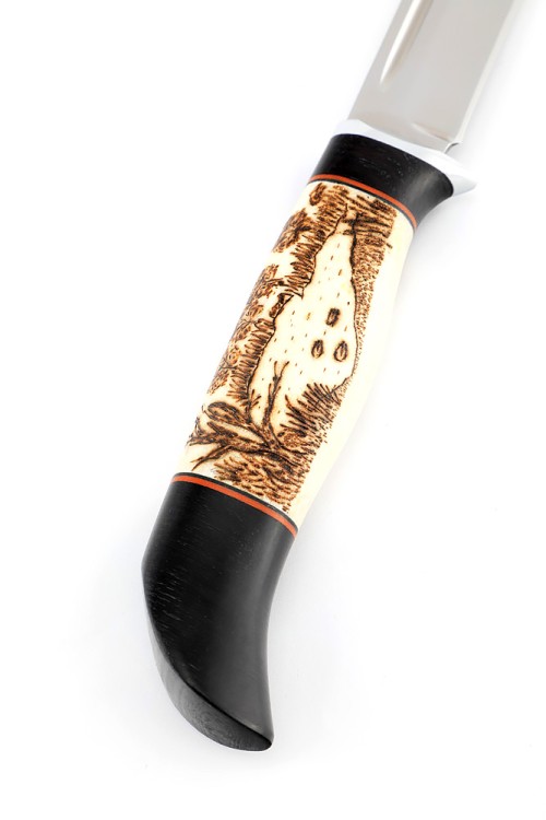 Нож Стриж сталь кованая Х12МФ, рукоять рог лося черный граб (пирография) 