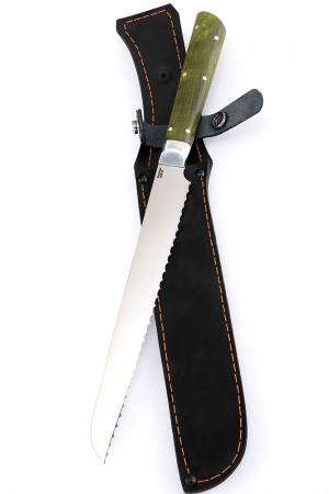 Нож Хлебный кованая сталь 95x18 рукоять зеленая карельская береза цельнометаллический