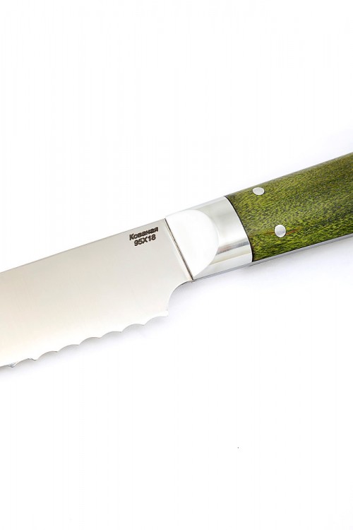 Нож Хлебный кованая сталь 95x18 рукоять зеленая карельская береза цельнометаллический 