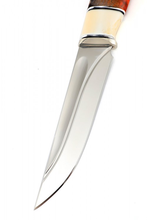 Нож Путник сталь Elmax долы рукоять вставка клык моржа кап клена красный 