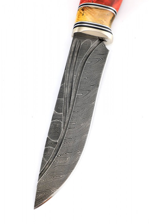 Нож Лось сталь дамаск фигурные долы рукоять мельхиор зуб мамонта кап клена красный 