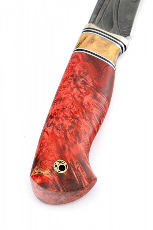 Нож Лось сталь дамаск фигурные долы рукоять мельхиор зуб мамонта кап клена красный 