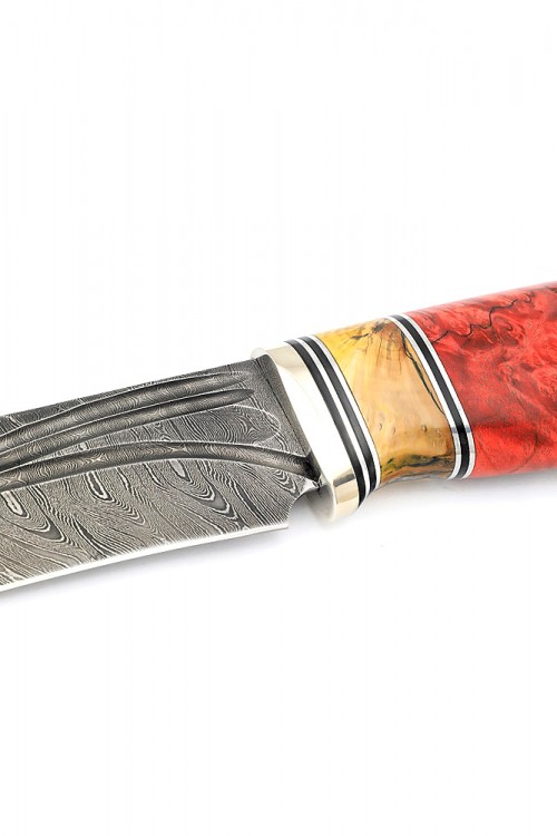 Нож Лось сталь дамаск фигурные долы рукоять мельхиор зуб мамонта кап клена красный 