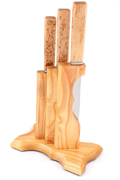 Подставка из ясеня с набором из 3 ножей (N690, карельская береза) 