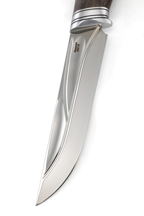 Нож Бекас сталь кованая 95Х18, фигурные долы, рукоять карельская береза коричневая 