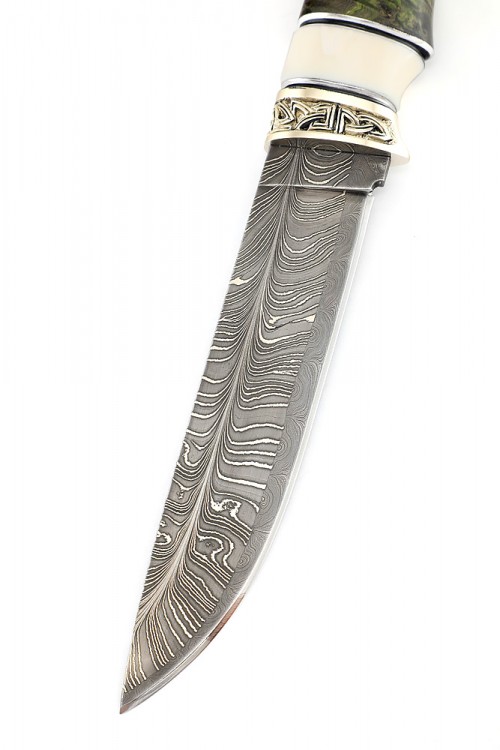 Нож Разделочный дамаск торцевой (перо) рукоять мельхиор вставка клык моржа кап клена зеленый 