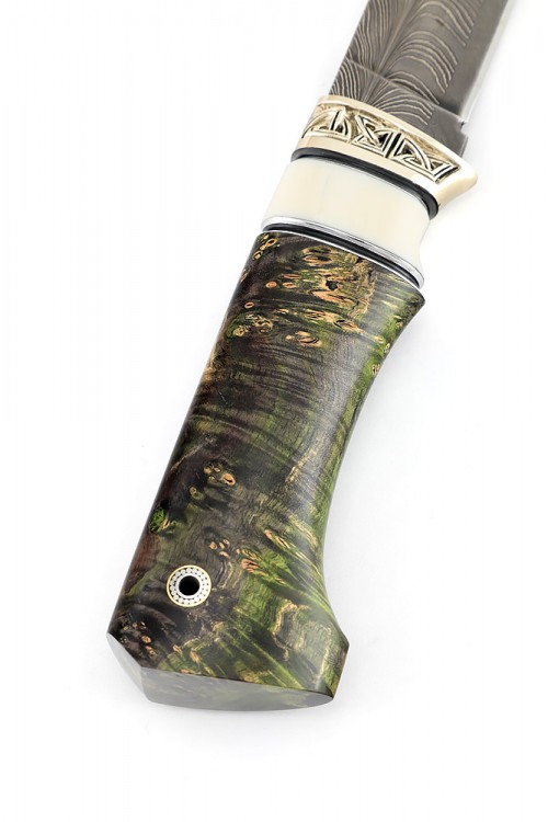 Нож Разделочный дамаск торцевой (перо) рукоять мельхиор вставка клык моржа кап клена зеленый 