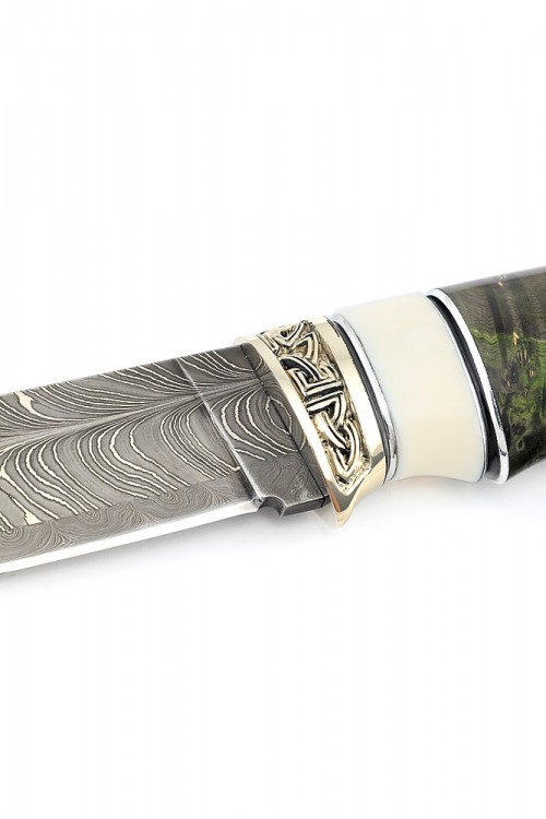 Нож Разделочный дамаск торцевой (перо) рукоять мельхиор вставка клык моржа кап клена зеленый 
