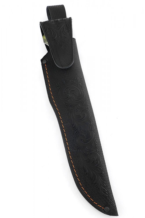 Нож Разделочный дамаск торцевой (перо) рукоять мельхиор вставка клык моржа кап клена зеленый 