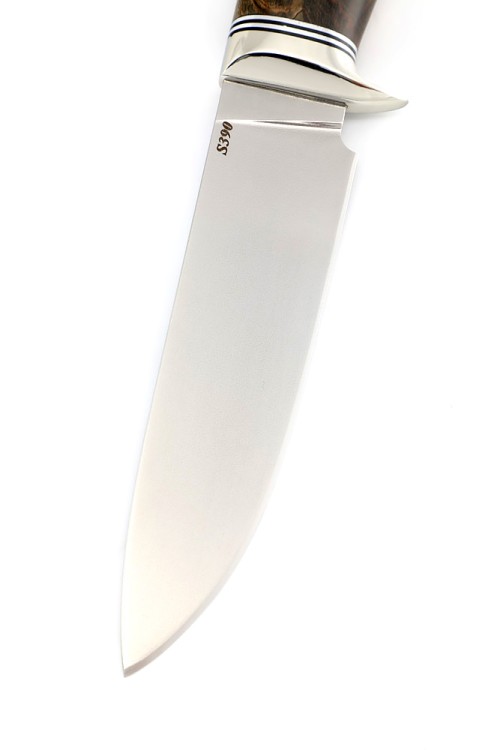 Нож Беркут сталь S390 рукоять мельхиор, ясень стабилизированный коричневый  Нож Беркут сталь S390 рукоять мельхиор, ясень стабилизированный коричневый