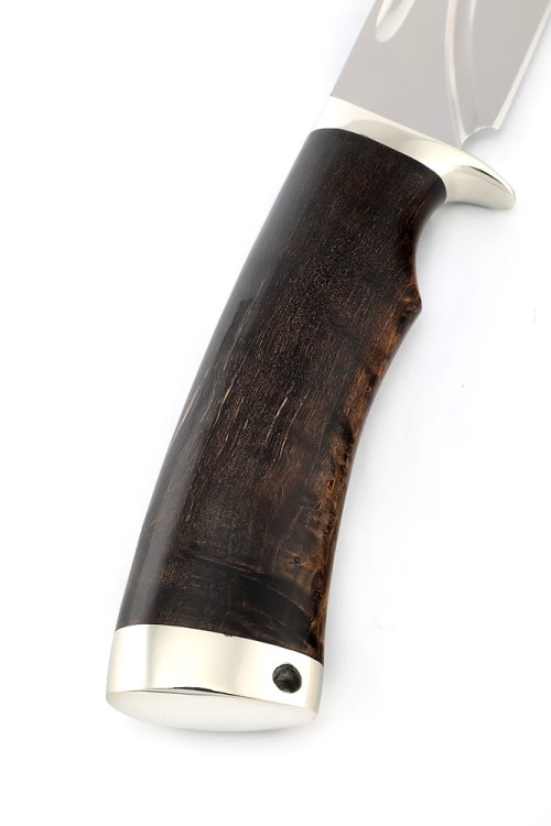 Нож Волк сталь кованая Х12МФ, долы, рукоять мельхиор, карельская береза коричневая 