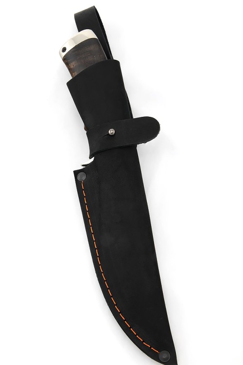 Нож Волк сталь кованая Х12МФ, долы, рукоять мельхиор, карельская береза коричневая 