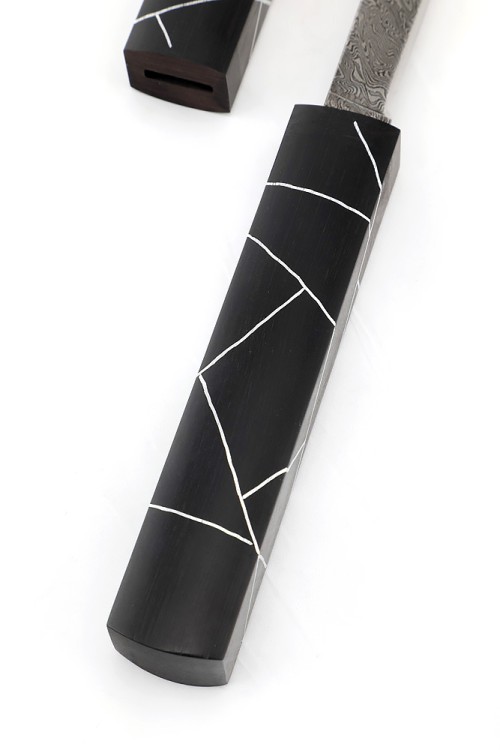 Нож "Сигара" сталь дамаск черный граб деревянные ножны c инкрустацией 