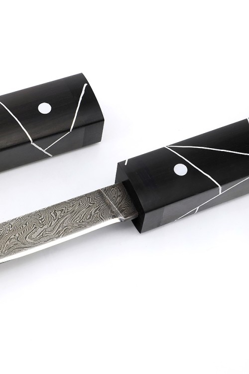 Нож "Сигара" сталь дамаск черный граб деревянные ножны c инкрустацией 