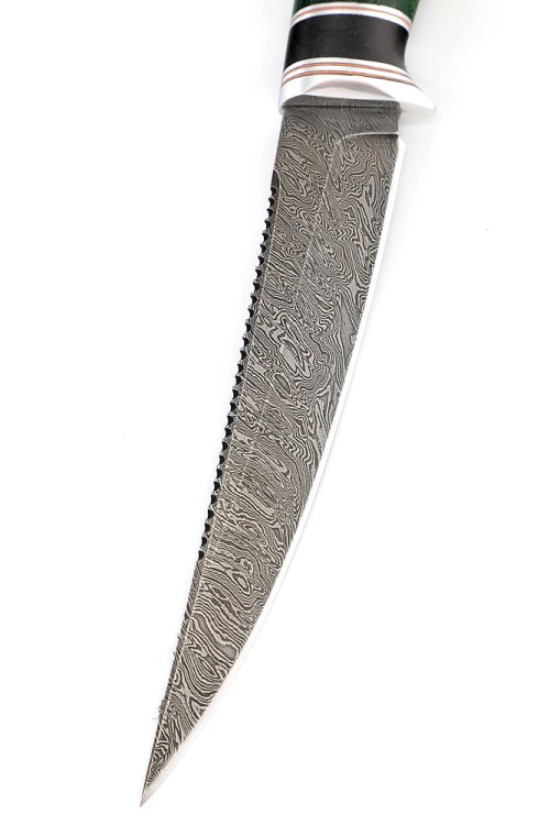 Нож Белуга сталь дамаск рукоять вставка черный граб, карельская береза зеленая 