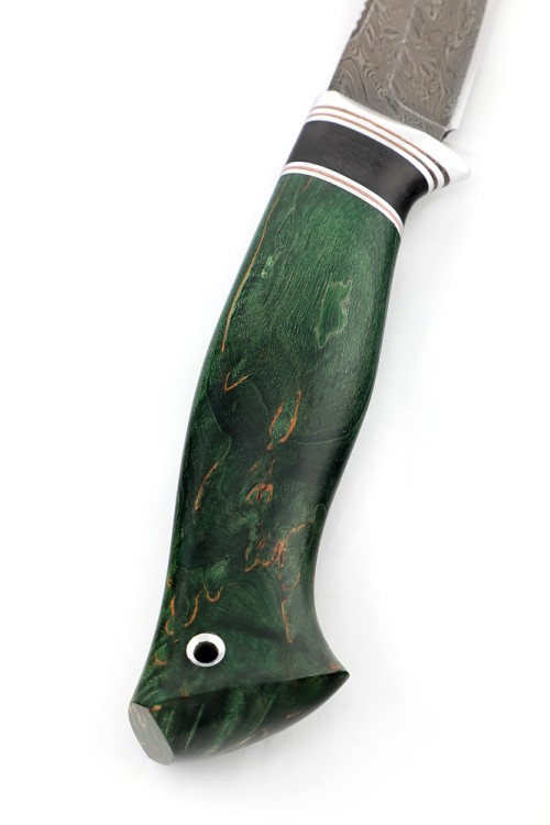 Нож Белуга сталь дамаск рукоять вставка черный граб, карельская береза зеленая 