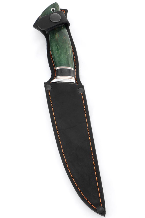Нож Белуга сталь дамаск рукоять вставка черный граб, карельская береза зеленая 