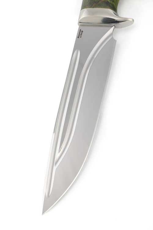 Нож Волк сталь кованая Х12МФ, долы, рукоять мельхиор, карельская береза зеленая 