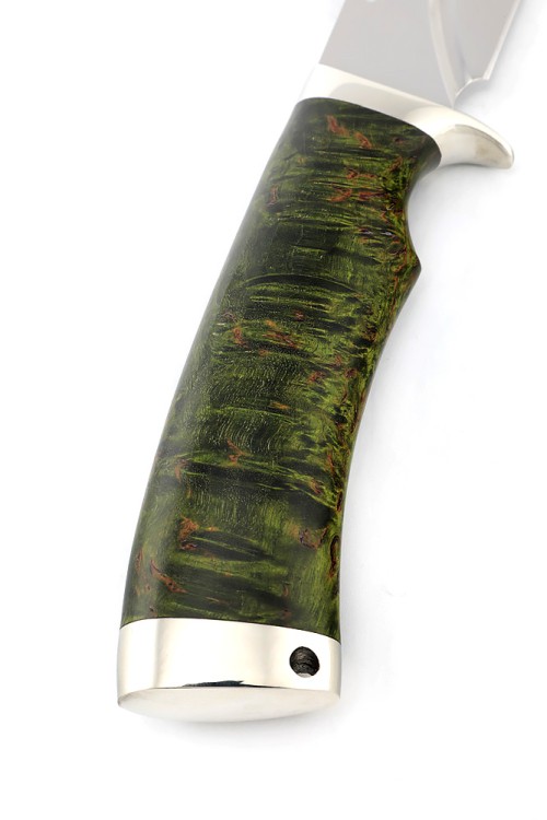 Нож Волк сталь кованая Х12МФ, долы, рукоять мельхиор, карельская береза зеленая 