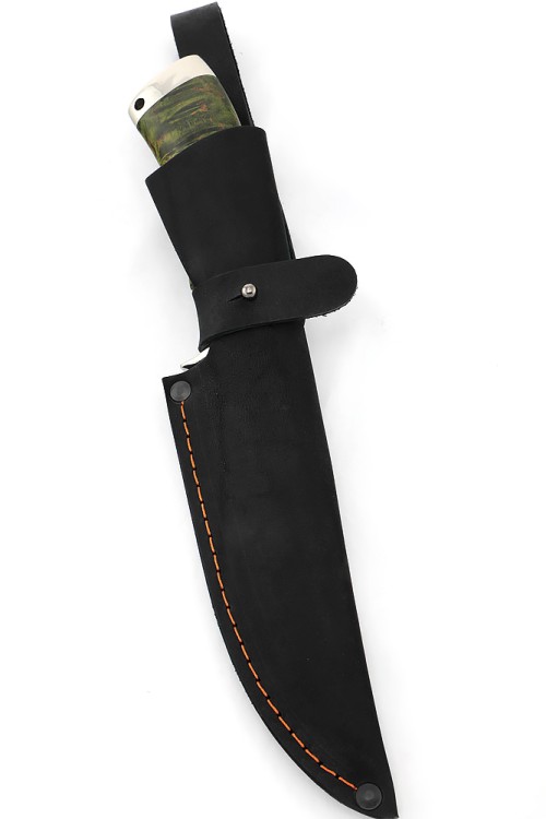 Нож Волк сталь кованая Х12МФ, долы, рукоять мельхиор, карельская береза зеленая 