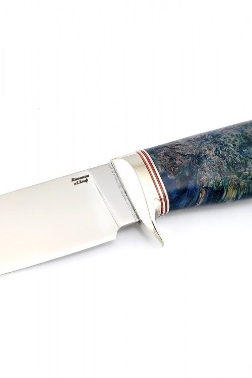 Нож Беркут сталь кованая Х12МФ рукоять мельхиор, кап клена синий 