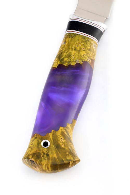 Нож Хищник сталь кованая х12мф рукоять кап клена желтый+акрил фиолетовый 