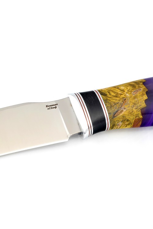 Нож Хищник сталь кованая х12мф рукоять кап клена желтый+акрил фиолетовый 