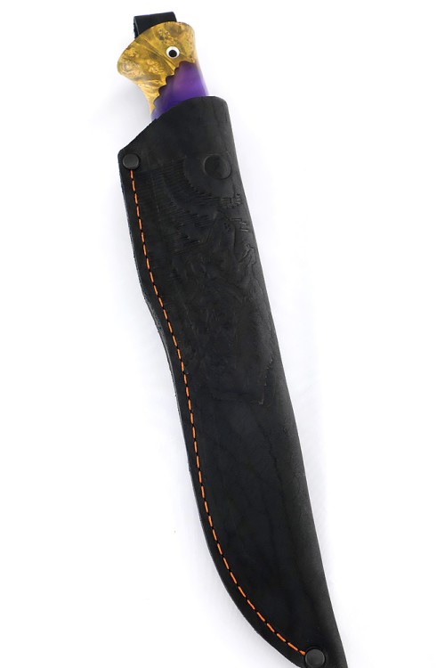 Нож Хищник сталь кованая х12мф рукоять кап клена желтый+акрил фиолетовый 