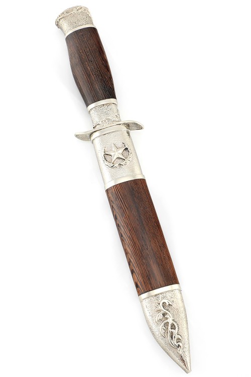 Нож разведчика НР-40 сталь кованая Х12МФ мельхиор, деревянные ножны венге 