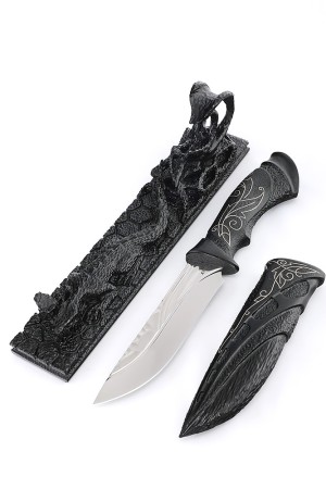 Нож Лось сталь К340 фигурные долы рукоять и ножны черный граб резной с инкрустацией, на подставке