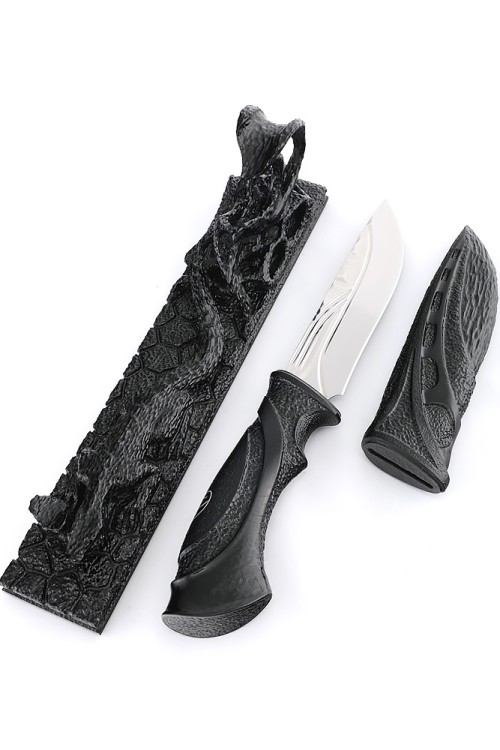 Нож Лось сталь К340 фигурные долы рукоять и ножны черный граб резной с инкрустацией, на подставке 