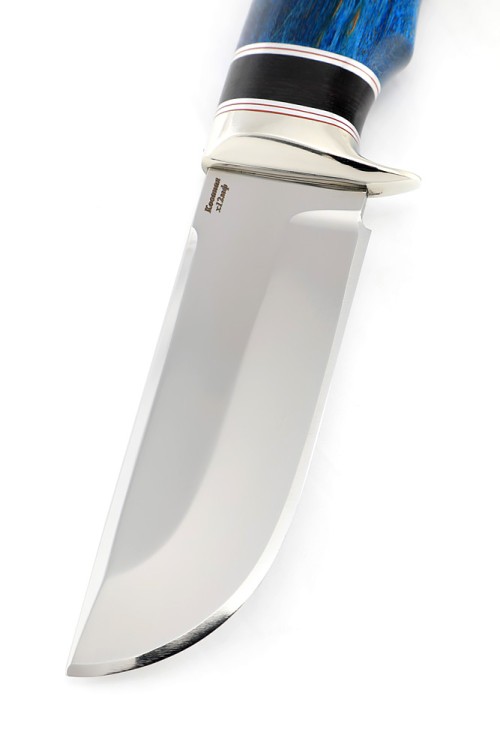 Нож Секач сталь кованая Х12МФ рукоять мельхиор, вставка черный граб, карельская береза синяя 