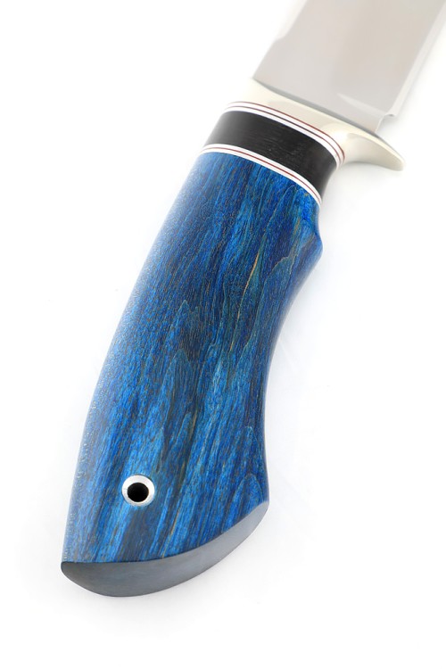 Нож Секач сталь кованая Х12МФ рукоять мельхиор, вставка черный граб, карельская береза синяя 