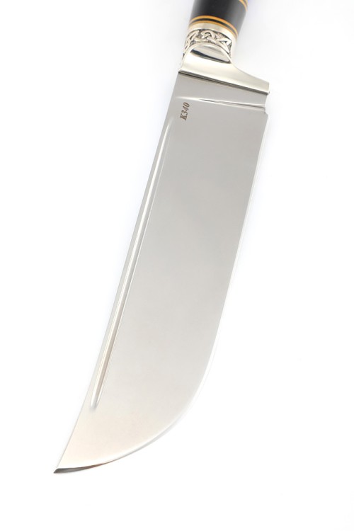 Нож Узбек-2 сталь К340 рукоять наборная, мельхиор, вставка акрил синий, черный граб 