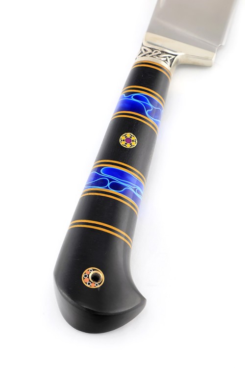 Нож Узбек-2 сталь К340 рукоять наборная, мельхиор, вставка акрил синий, черный граб 