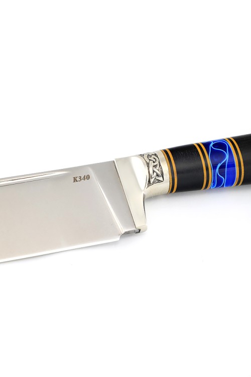 Нож Узбек-2 сталь К340 рукоять наборная, мельхиор, вставка акрил синий, черный граб 