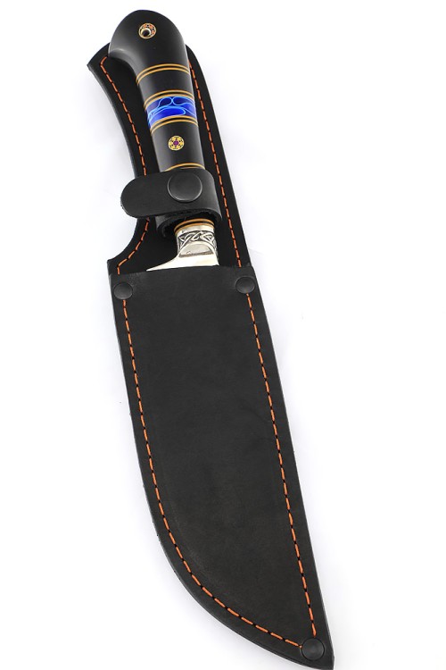 Нож Узбек-2 сталь К340 рукоять наборная, мельхиор, вставка акрил синий, черный граб 