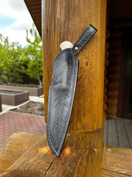 Нож Перо Elmax стабилизированный зуб мамонта элфорин (скримшоу) формованные ножны 