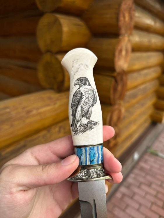 Нож Перо Elmax стабилизированный зуб мамонта элфорин (скримшоу) формованные ножны 