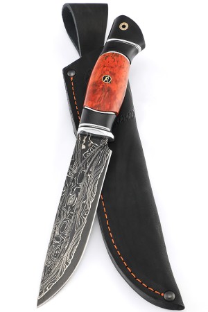 Нож Буран 9ХС ламинированная дамаск с никелем фигурные долы-камень, рукоять черный граб, кап клена, авторский пин