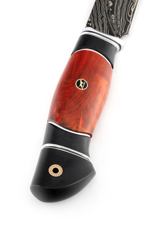 Нож Буран 9ХС ламинированная дамаск с никелем фигурные долы-камень, рукоять черный граб, кап клена, авторский пин 