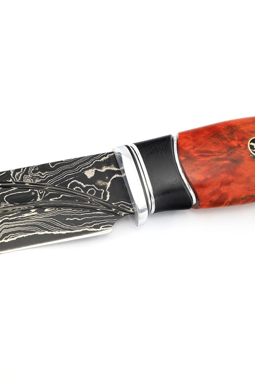 Нож Буран 9ХС ламинированная дамаск с никелем фигурные долы-камень, рукоять черный граб, кап клена, авторский пин 