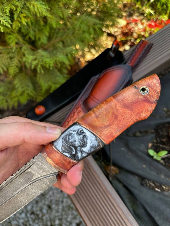 Нож Берсерк дамаск долы кап клена вставка рог буйвола (скримшоу) на подставке 